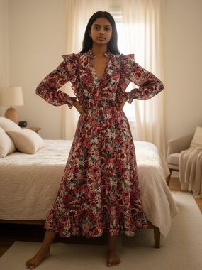 Aly  Daly Women’s Ruffled Pink Roses Liberty Floral Midi Dress